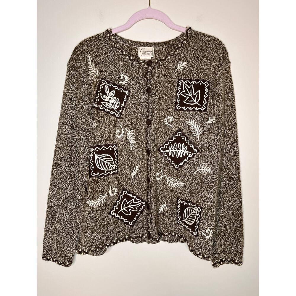 1990s Brown Country Chic Brown Patchwork Leaves Fall Granola Coquette Cardigan M